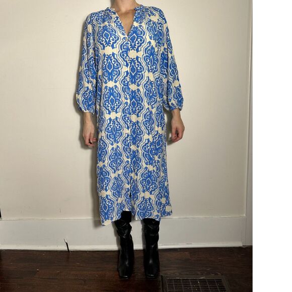 Zara Printed Blue White Midi Dress Size Medium - Picture 3 of 5